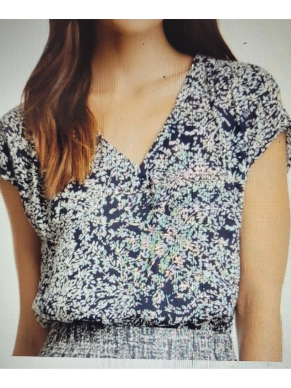 Joie Navy White Silk Floral V-Neck Cap Sleeve Blouse